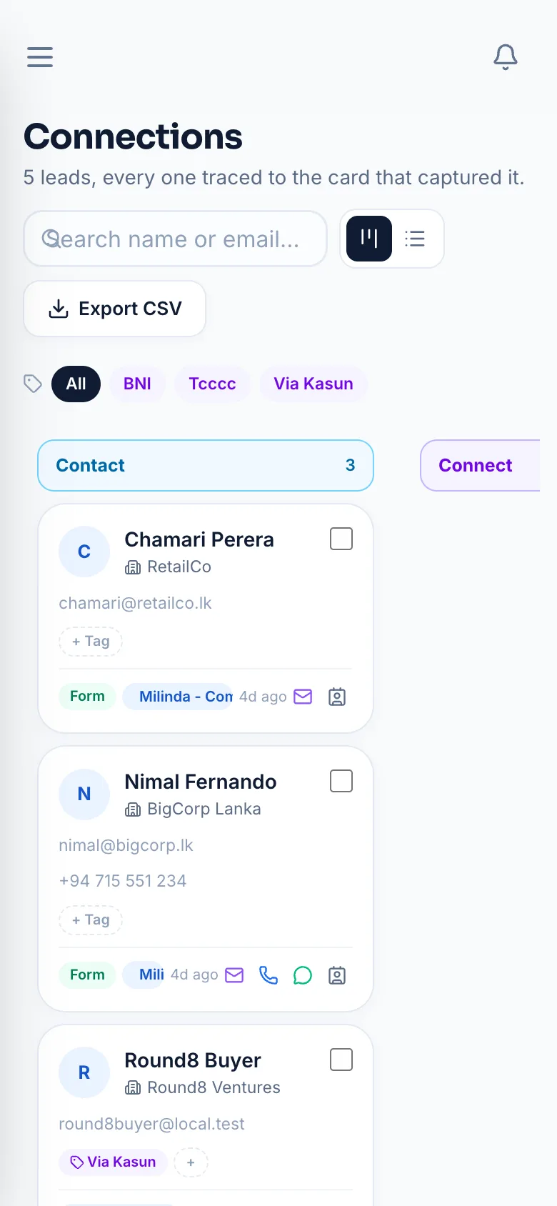 The TapID app connections tab: inbox, pipeline and follow-ups